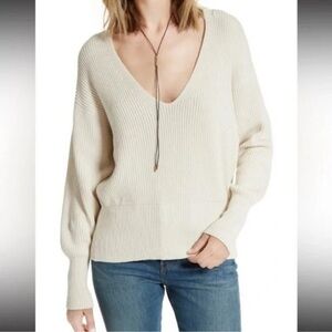 Free People Allure Beige V-Neck Cotton Ribbed Knit Small Sweater